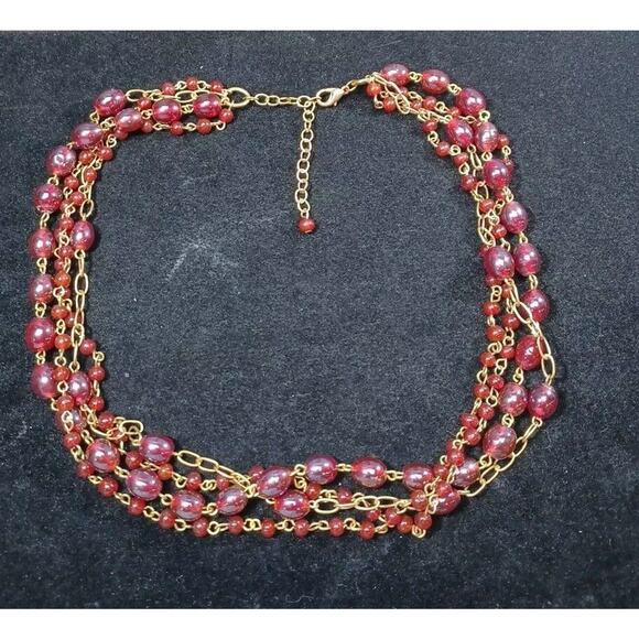 Red Glass Bead Necklace Goldentone 4 Strand Beautiful Costume India Glamorous - Picture 3 of 4